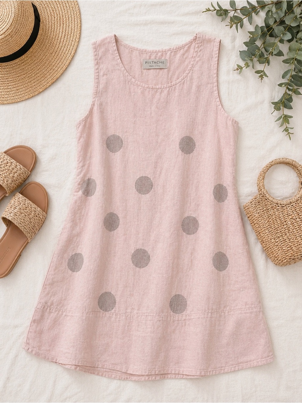 100% linen Pistache made in Italy dress Pink Polka Dot Shift Dress